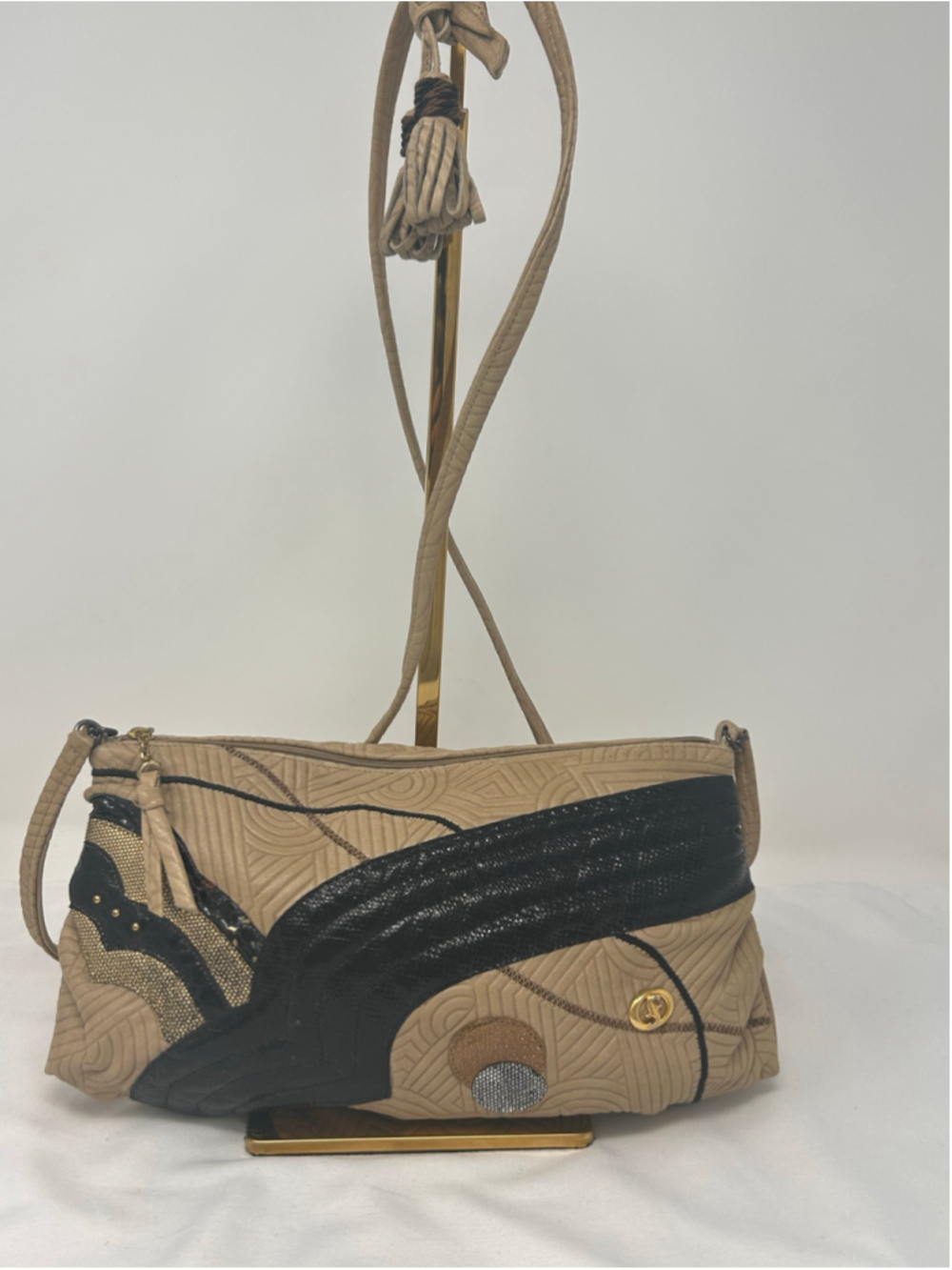 Vintage Carlo Fiori Leather Patchwork Shoulder Bag Black Beige Textured